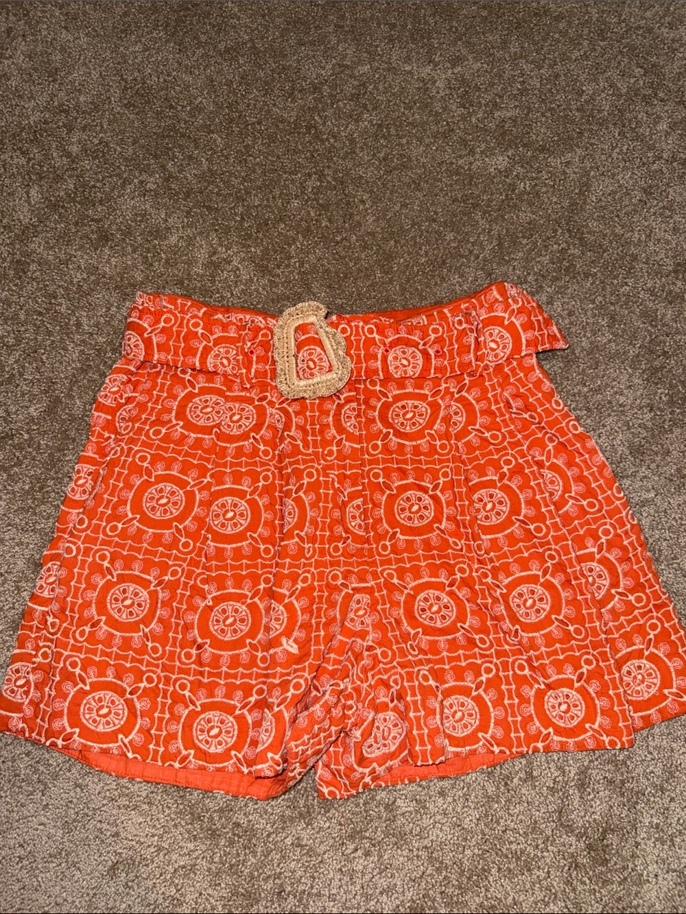 Sam Edelman Orange Printed High-Waist Shorts with Woven Buckle 12